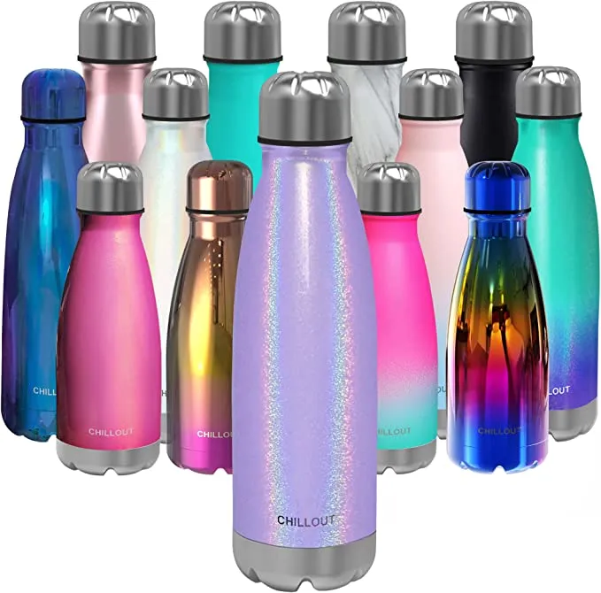 CHILLOUT LIFE Stainless Steel Water Bottle for Kids School and Adults: 17oz Double Wall Insulated Cola Bottle Shape