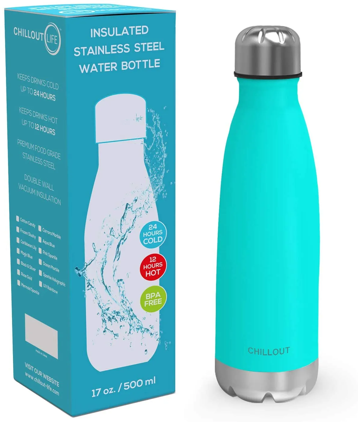 CHILLOUT LIFE Stainless Steel Water Bottle for Kids School and Adults: 17oz Double Wall Insulated Cola Bottle Shape