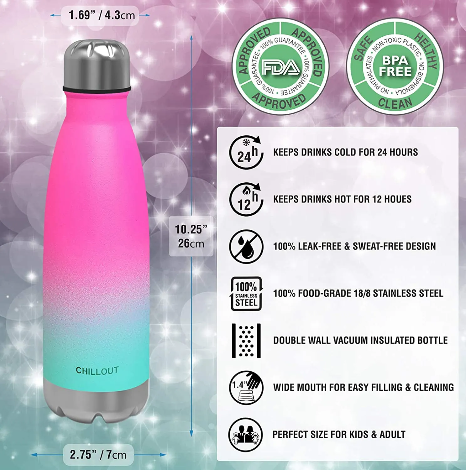 CHILLOUT LIFE Stainless Steel Water Bottle for Kids School and Adults: 17oz Double Wall Insulated Cola Bottle Shape