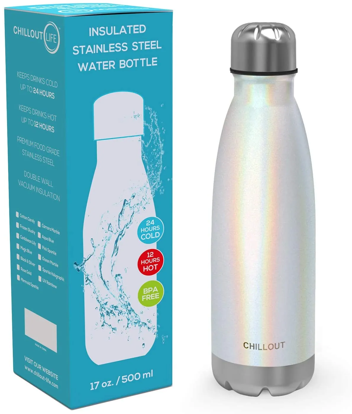 CHILLOUT LIFE Stainless Steel Water Bottle for Kids School and Adults: 17oz Double Wall Insulated Cola Bottle Shape