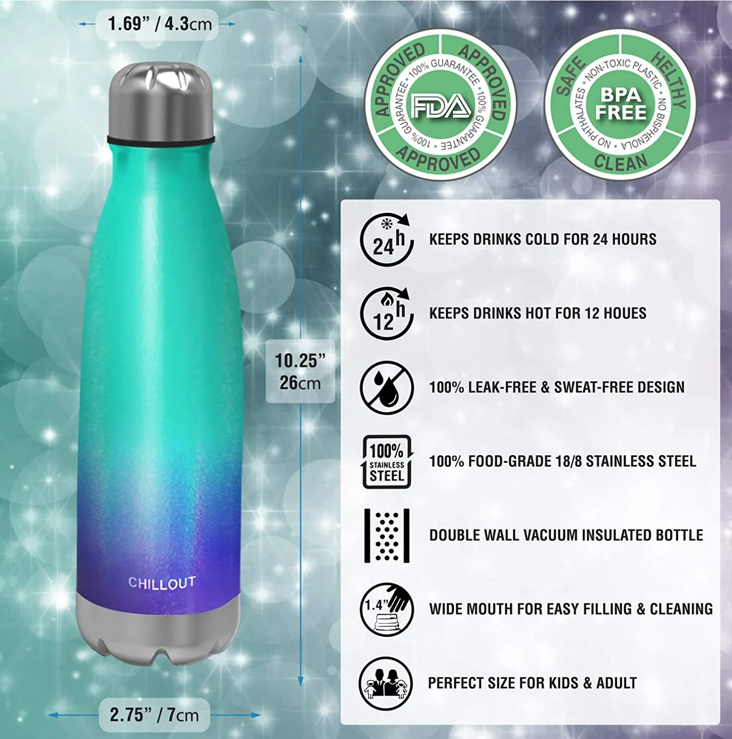 CHILLOUT LIFE Stainless Steel Water Bottle for Kids School and Adults: 17oz Double Wall Insulated Cola Bottle Shape