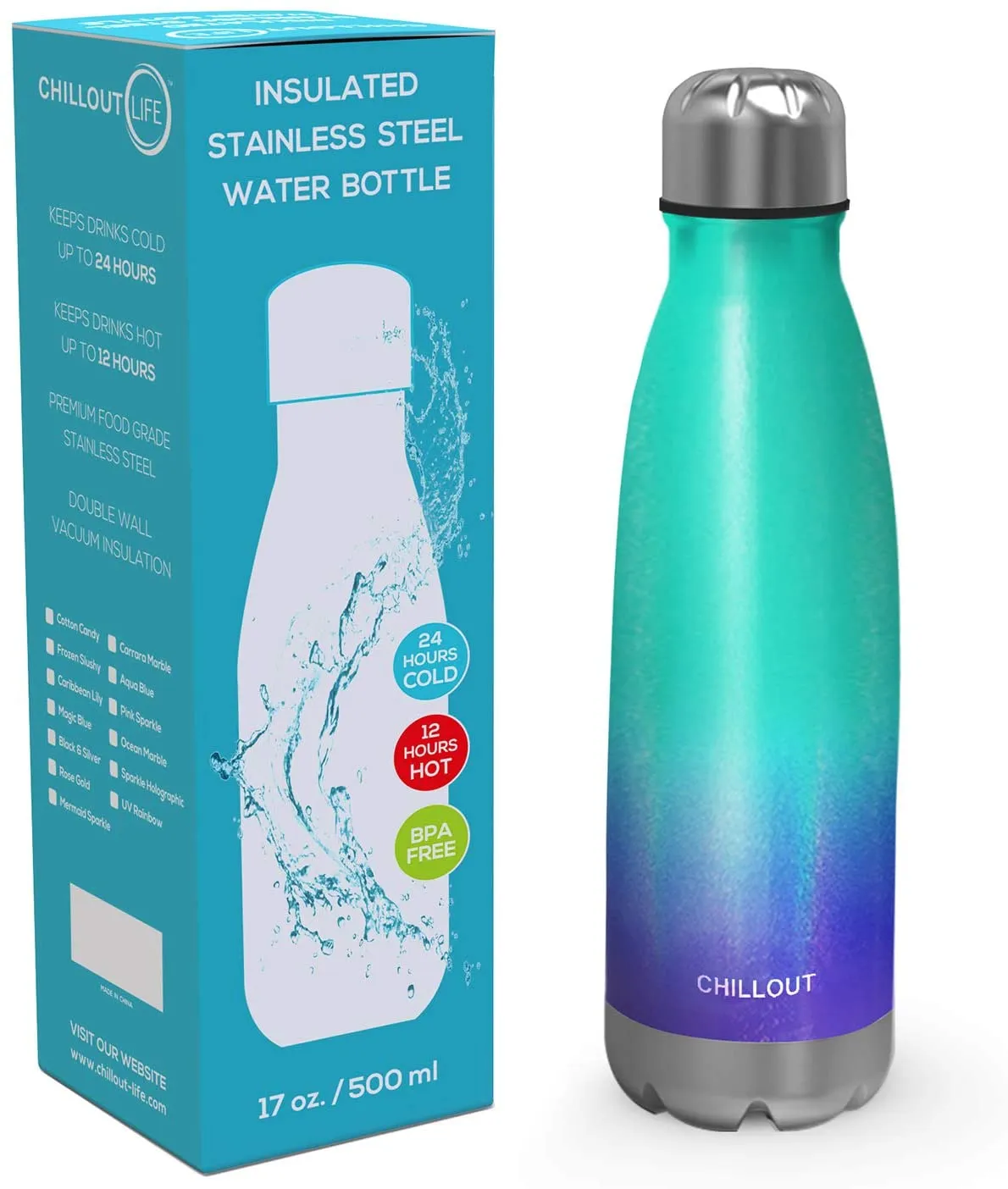 CHILLOUT LIFE Stainless Steel Water Bottle for Kids School and Adults: 17oz Double Wall Insulated Cola Bottle Shape