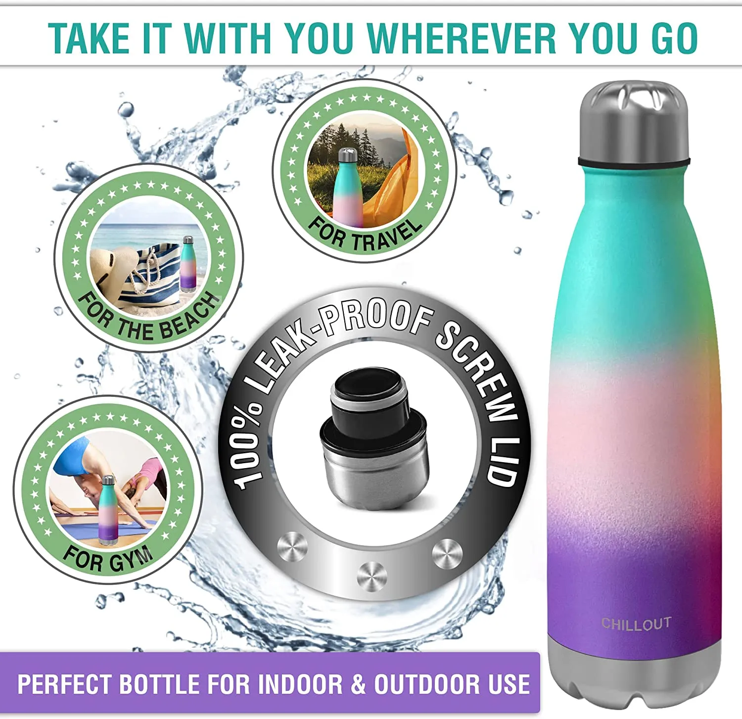 CHILLOUT LIFE Stainless Steel Water Bottle for Kids School and Adults: 17oz Double Wall Insulated Cola Bottle Shape