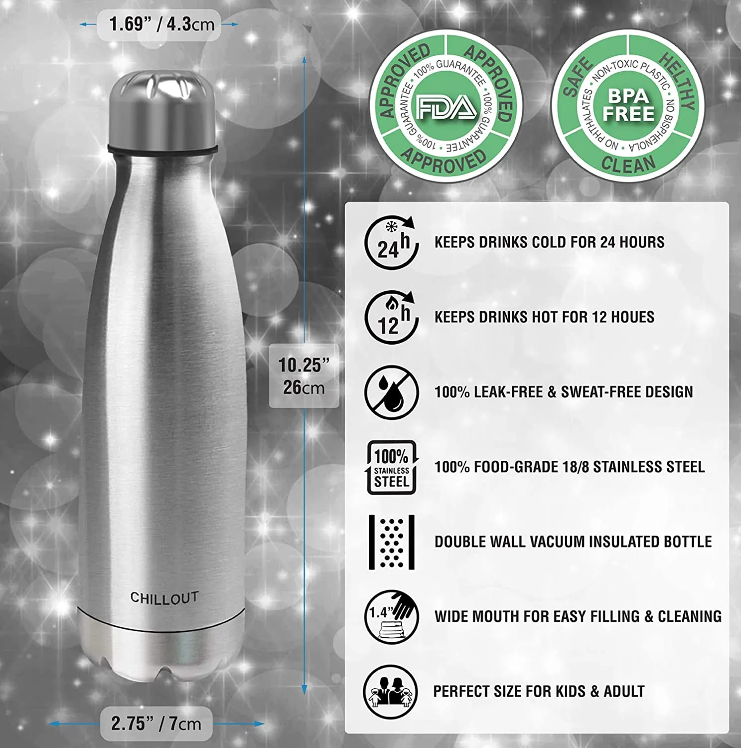 CHILLOUT LIFE Stainless Steel Water Bottle for Kids School and Adults: 17oz Double Wall Insulated Cola Bottle Shape