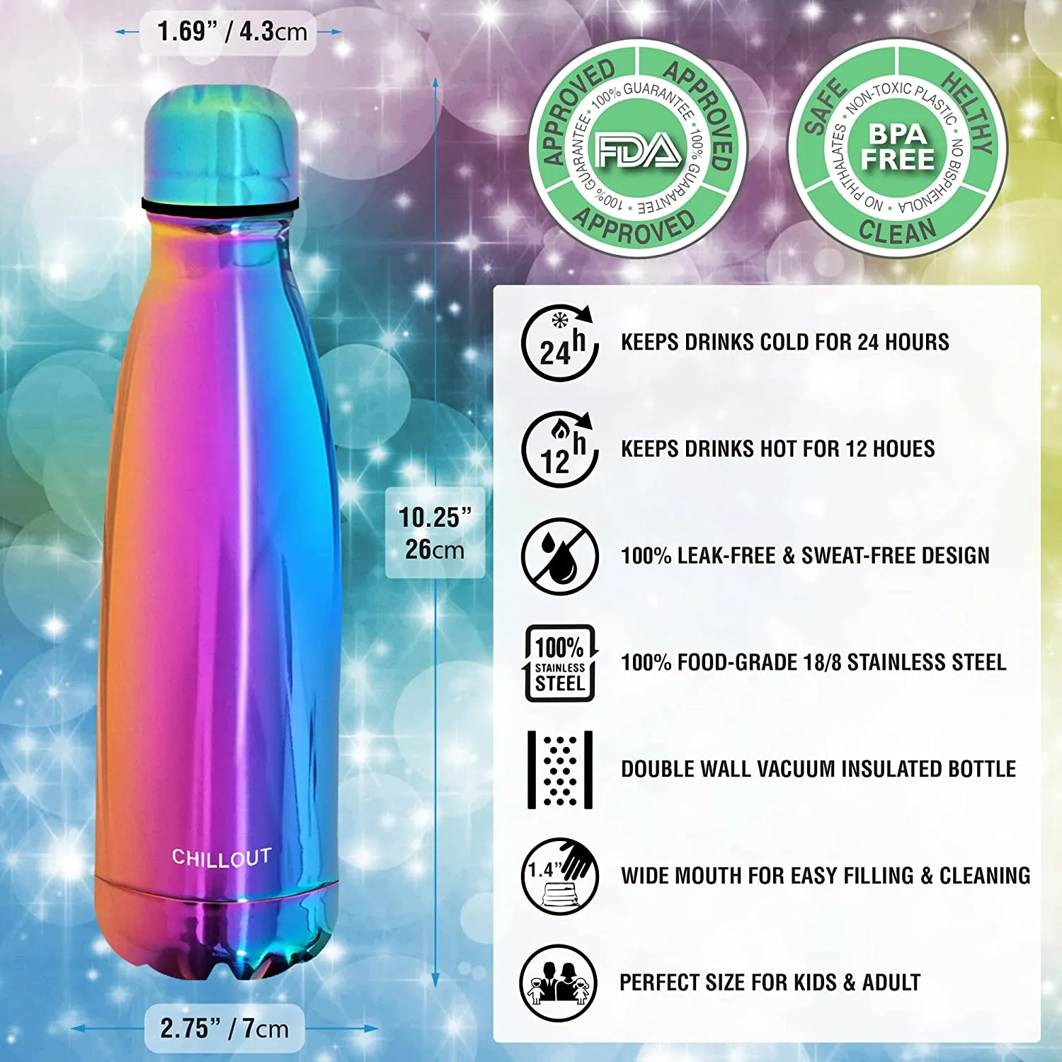 CHILLOUT LIFE Stainless Steel Water Bottle for Kids School and Adults: 17oz Double Wall Insulated Cola Bottle Shape