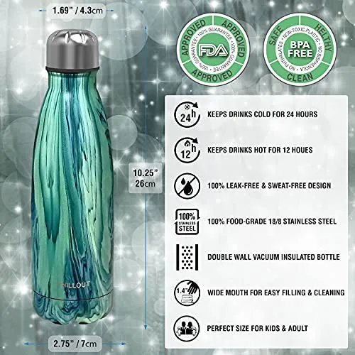 CHILLOUT LIFE Stainless Steel Water Bottle for Kids School and Adults: 17oz Double Wall Insulated Cola Bottle Shape