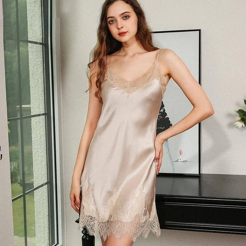 Classic V Neck with Lace Split Women's Silk Nightgown Ladies Silk Nightwear