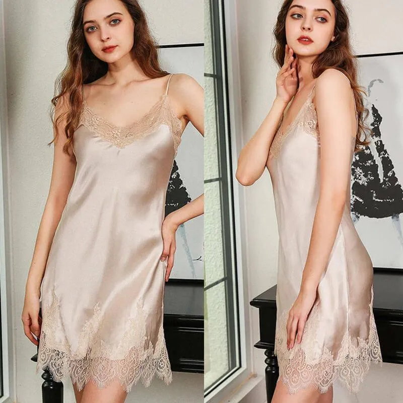 Classic V Neck with Lace Split Women's Silk Nightgown Ladies Silk Nightwear