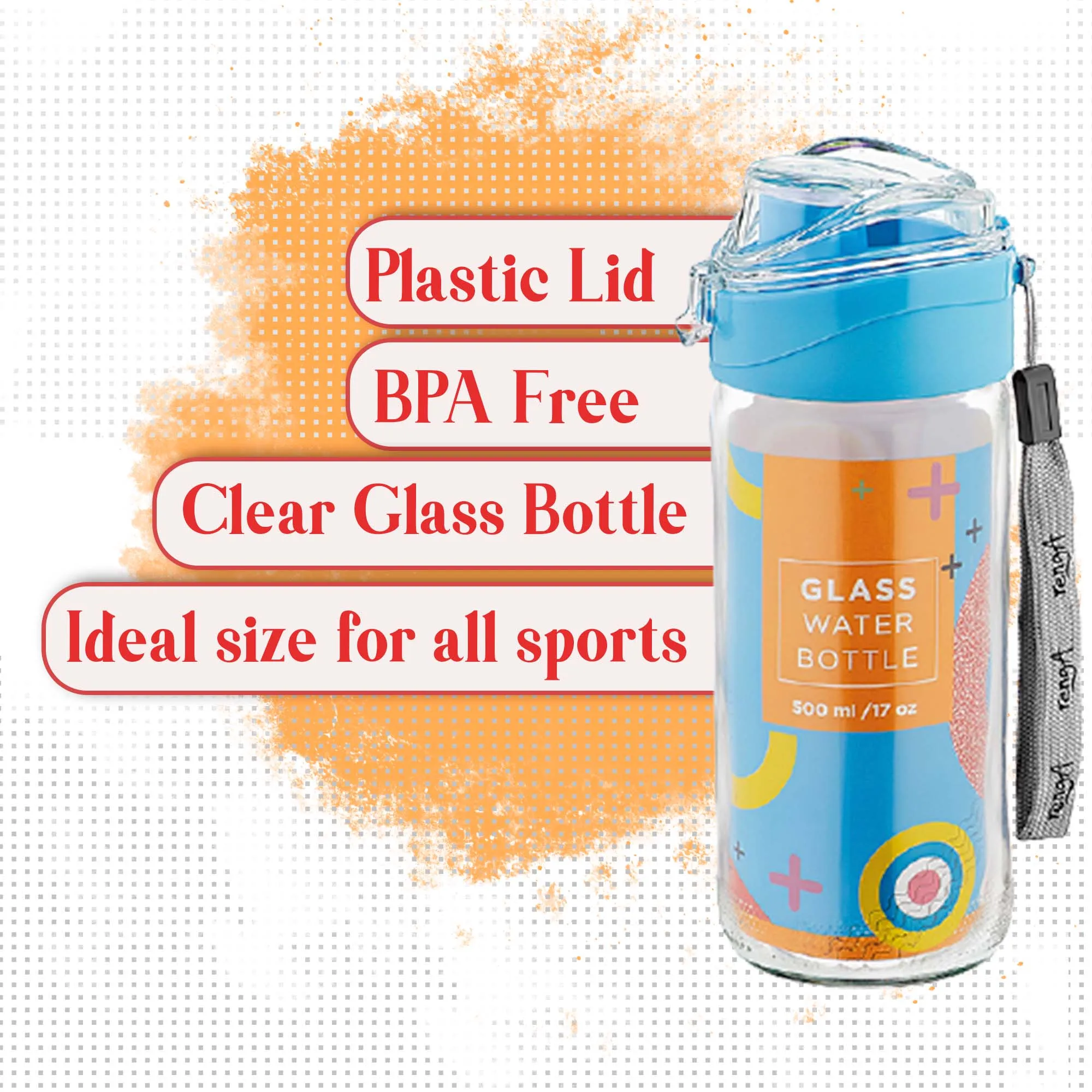 Clear Glass Water Bottle Flask with Leak-proof Lid, 17 Oz (500 cc) 1 Pc