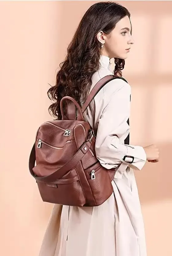 Craftwood Backpack Purse for Women Satchel Handbags Large Capacity Travel Vintage PU Leather Shoulder Bag For Office College (Tan)