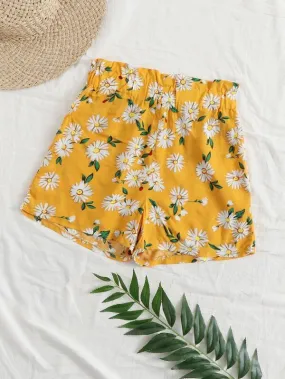 Daisy Print Paperbag Waist Shorts