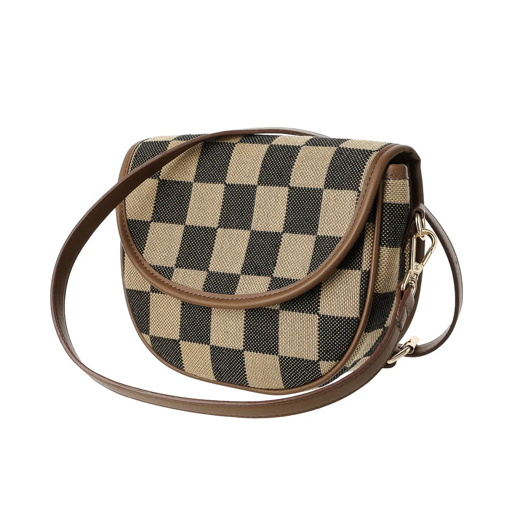 Detachable Checkered Pattern Crossbody Bag (Brown)