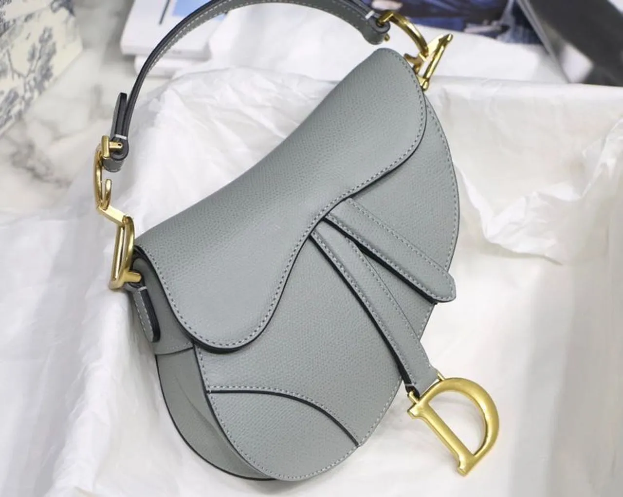 DI Saddle Bag Light Blue Grained Gold Toned Hardware Canvas For Women 19.5cm/7.6in CD