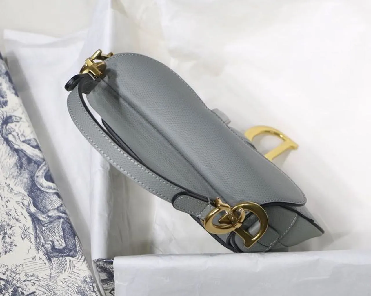 DI Saddle Bag Light Blue Grained Gold Toned Hardware Canvas For Women 19.5cm/7.6in CD