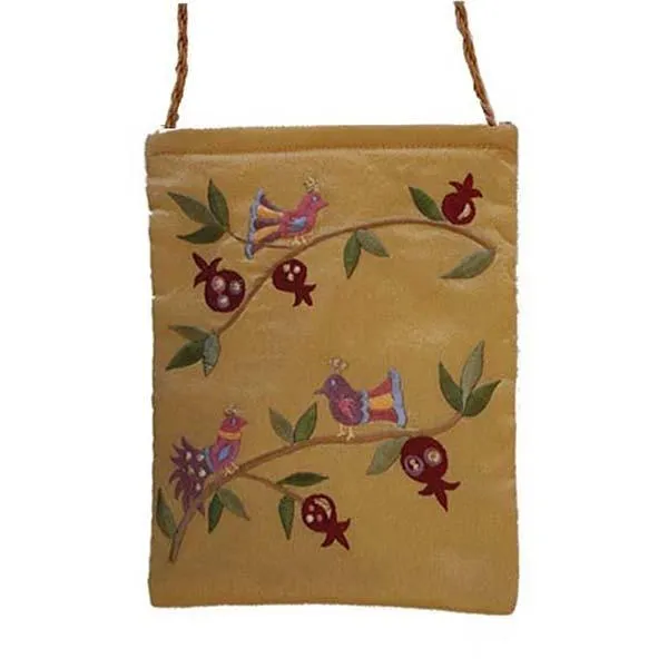 Embroidered Passport Bag - Birds - Gold