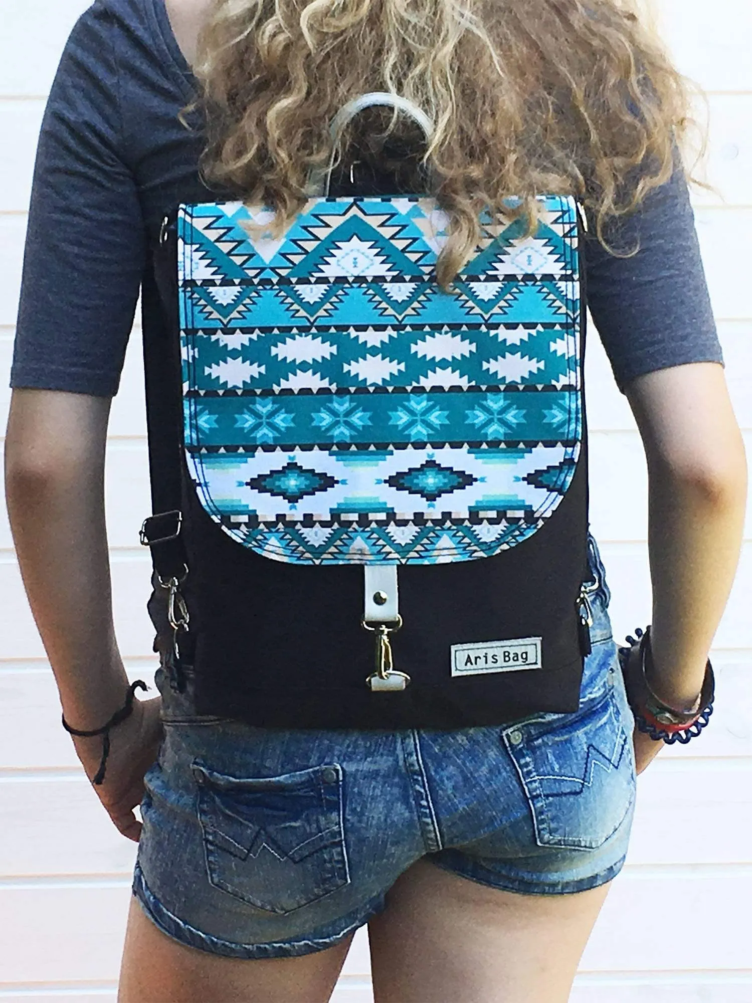 Ethnic Turquoise Blue Vegan Backpack, Bohemian Cross Body Bag | Aris Bags