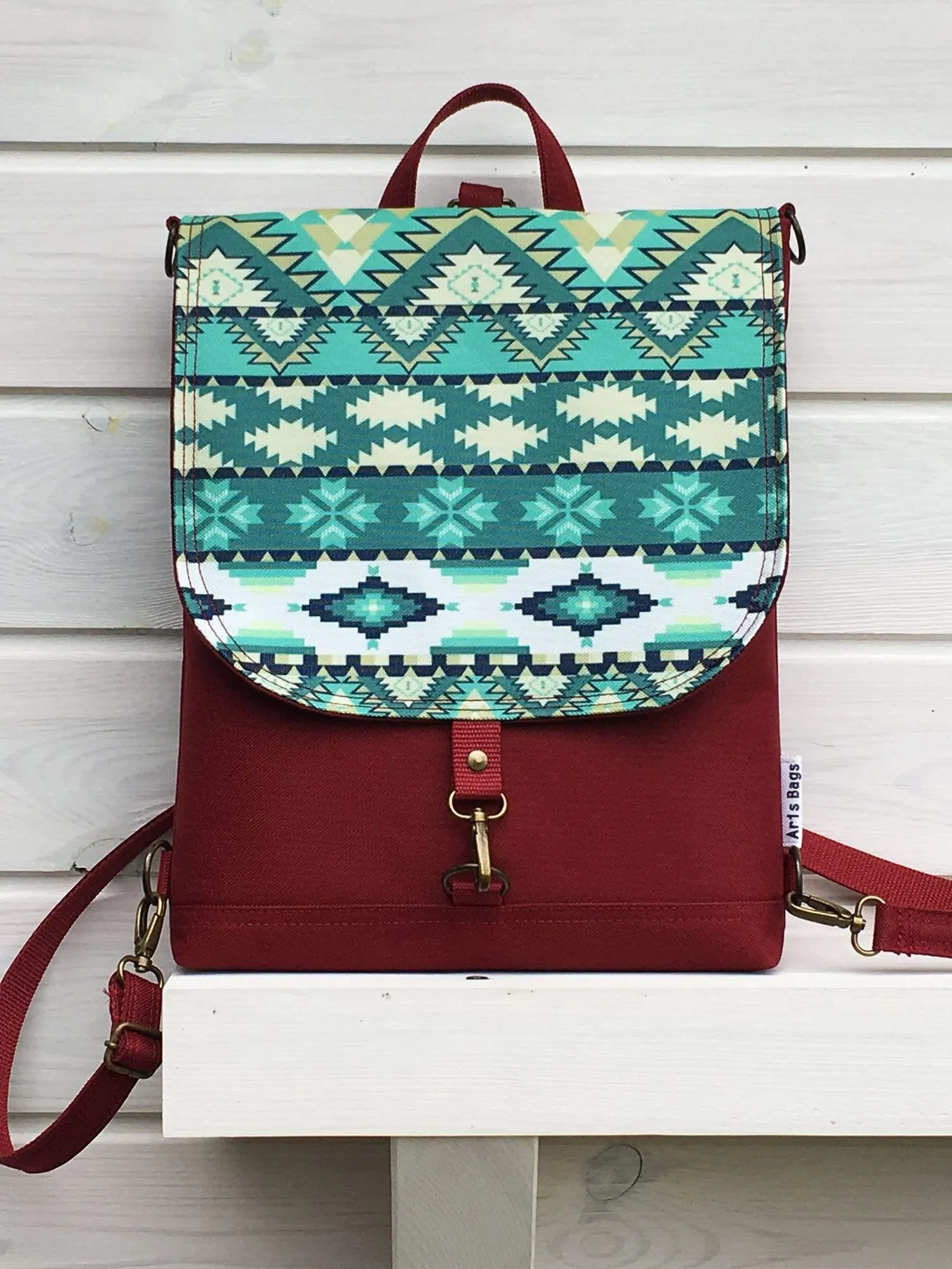 Ethnic Turquoise Blue Vegan Backpack, Bohemian Cross Body Bag | Aris Bags