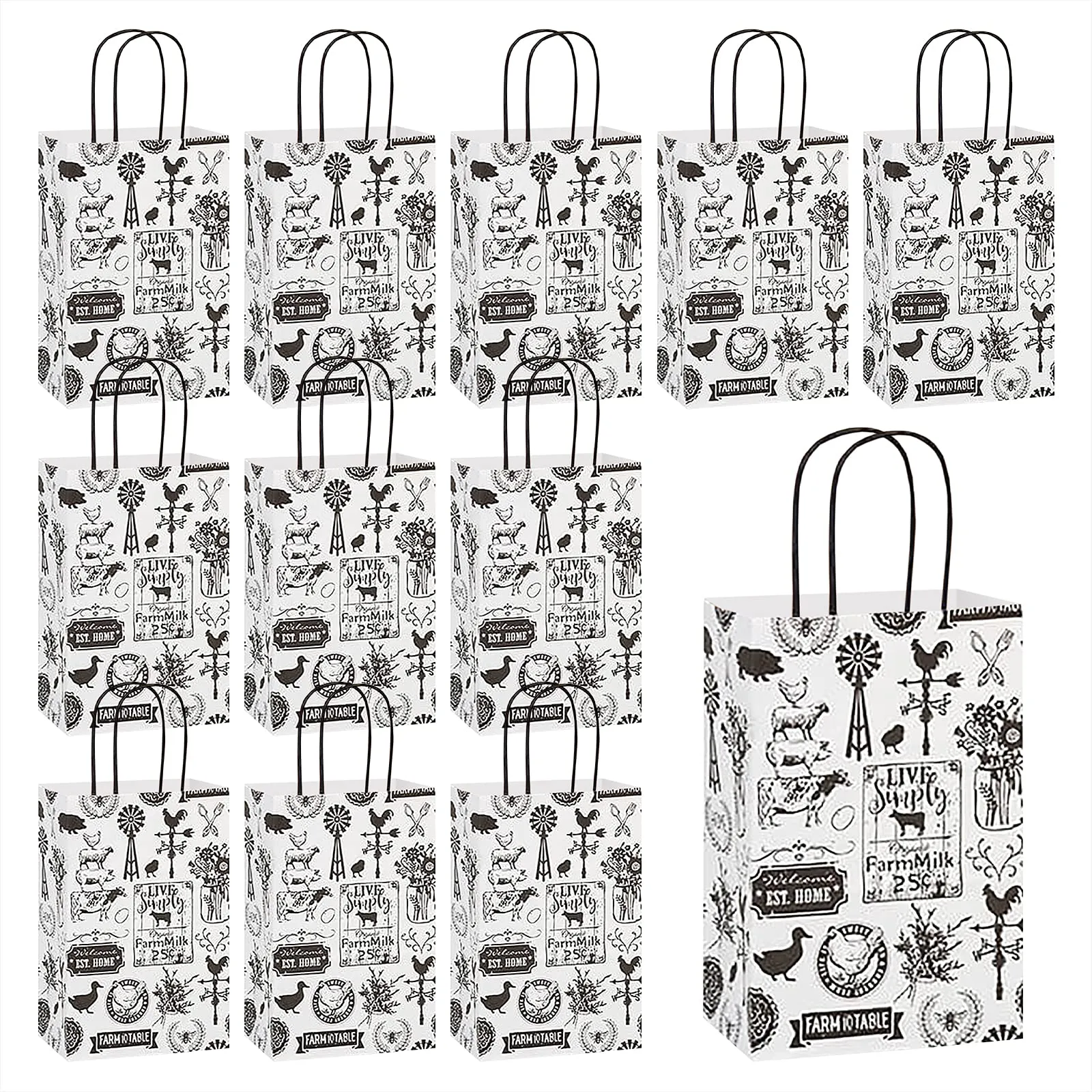 Farmhouse Classics Print Paper Gift Bags and Party Favor Bags, Small 5.25x3.5x8.25" (12 Pack)