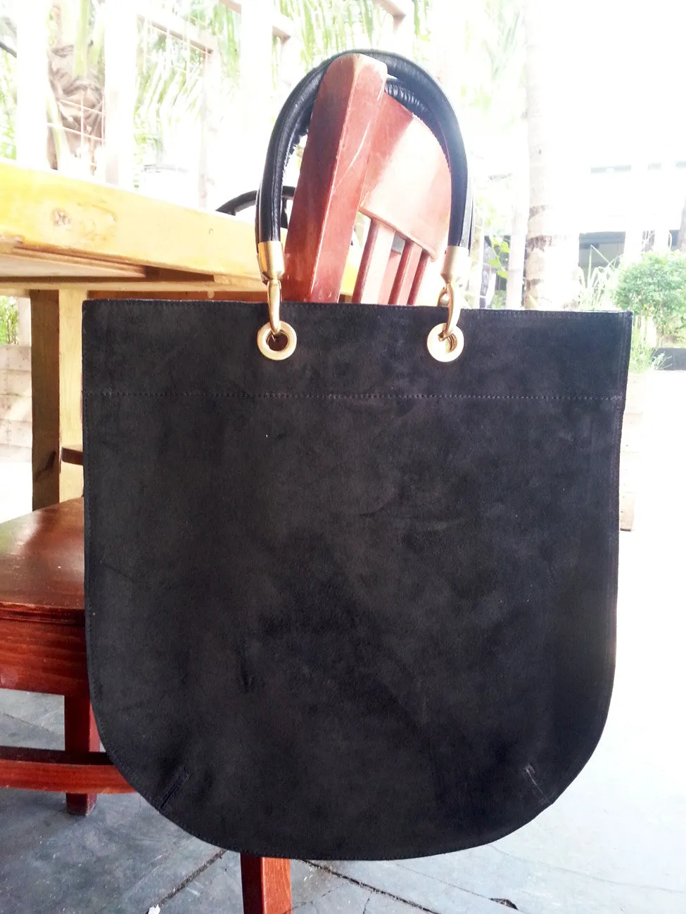 Flat Oblong Suede Tote Bag Black