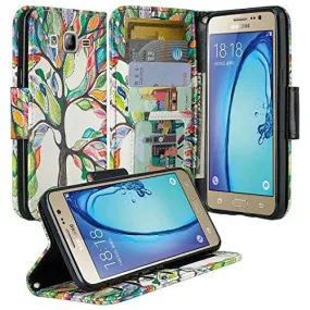 Galaxy J7 2016 Case, Magnetic Fold[Kickstand] Pu Leather Wrist Strap Wallet Case with ID & Credit Card Slot for Samsung Galaxy J7 2016 / J710 - Vibrant Tree