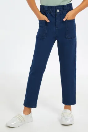 Girls Navy Paper Bag Jeans With Pockets