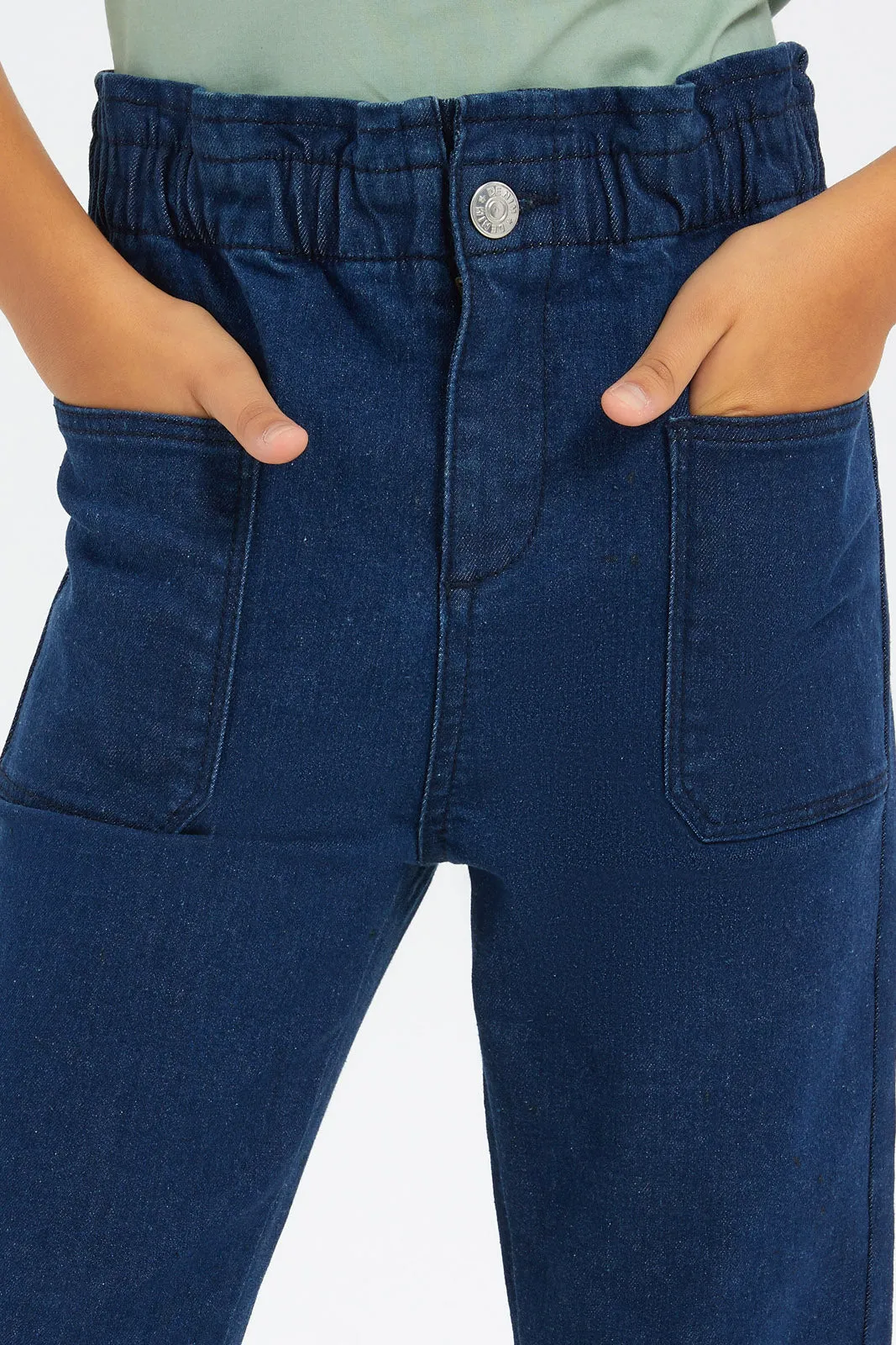 Girls Navy Paper Bag Jeans With Pockets