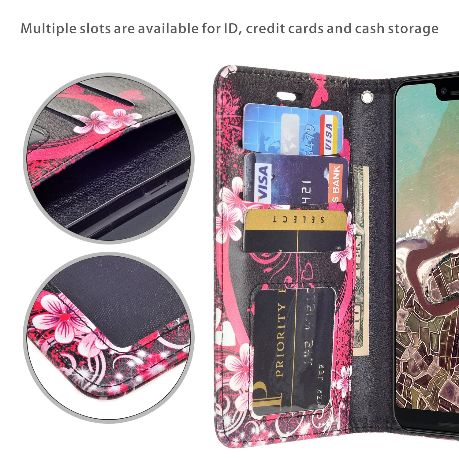 Google Pixel 3a XL Case, Pixel 3a XL Wallet Case, Wrist Strap Pu Leather Wallet Case [Kickstand] with ID & Credit Card Slots - Heart Butterflies