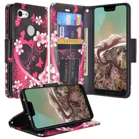 Google Pixel 3a XL Case, Pixel 3a XL Wallet Case, Wrist Strap Pu Leather Wallet Case [Kickstand] with ID & Credit Card Slots - Heart Butterflies