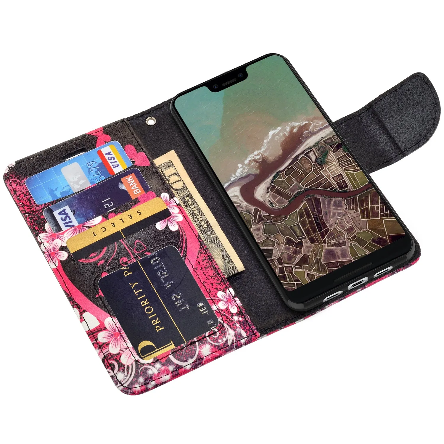 Google Pixel 3a XL Case, Pixel 3a XL Wallet Case, Wrist Strap Pu Leather Wallet Case [Kickstand] with ID & Credit Card Slots - Heart Butterflies