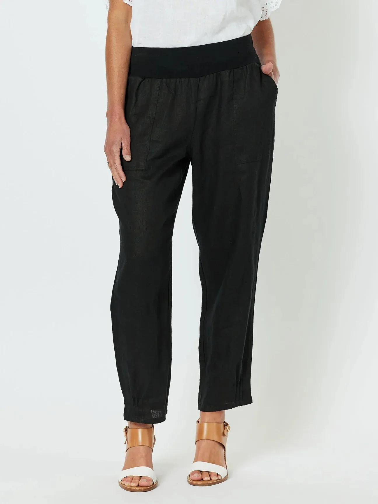 GORDON SMITH Ribbed Waist Linen Pant Black