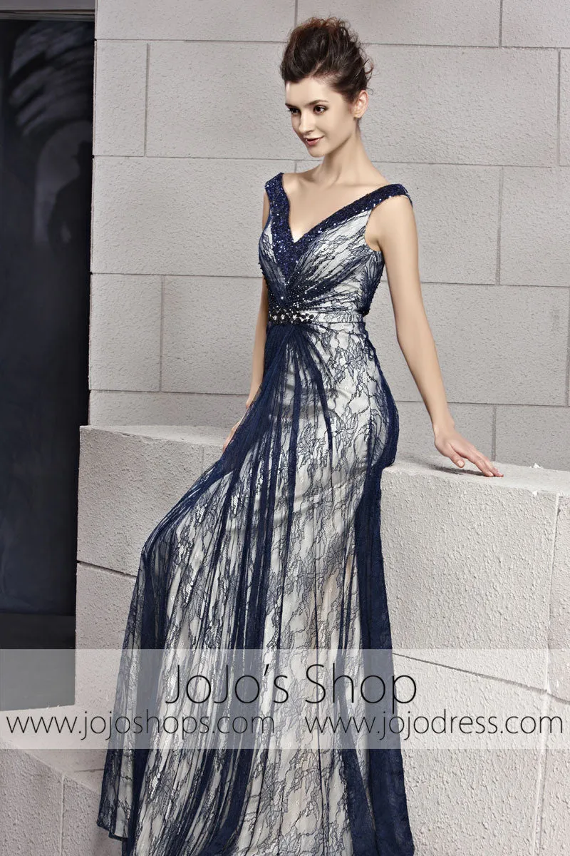 Grecian Alluring Navy Blue Lace V Neck Prom Evening Cocktail Dress CX830099