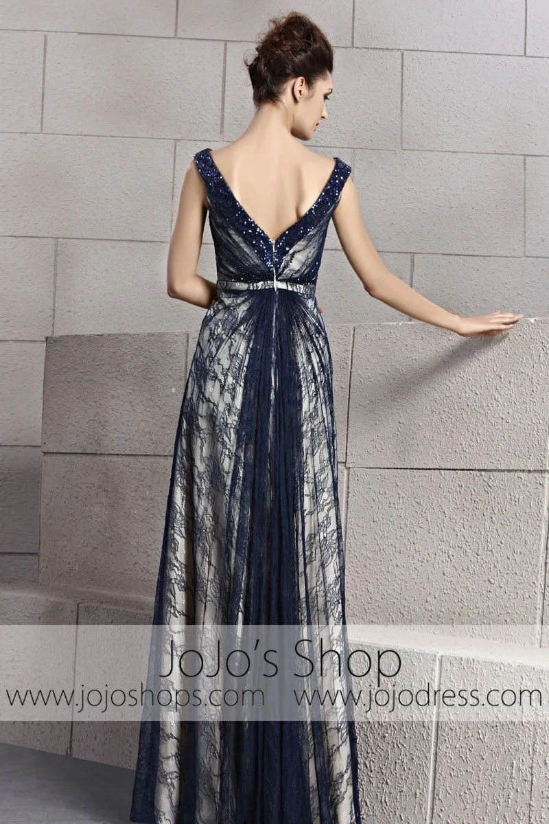 Grecian Alluring Navy Blue Lace V Neck Prom Evening Cocktail Dress CX830099