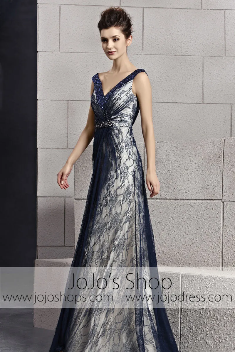 Grecian Alluring Navy Blue Lace V Neck Prom Evening Cocktail Dress CX830099