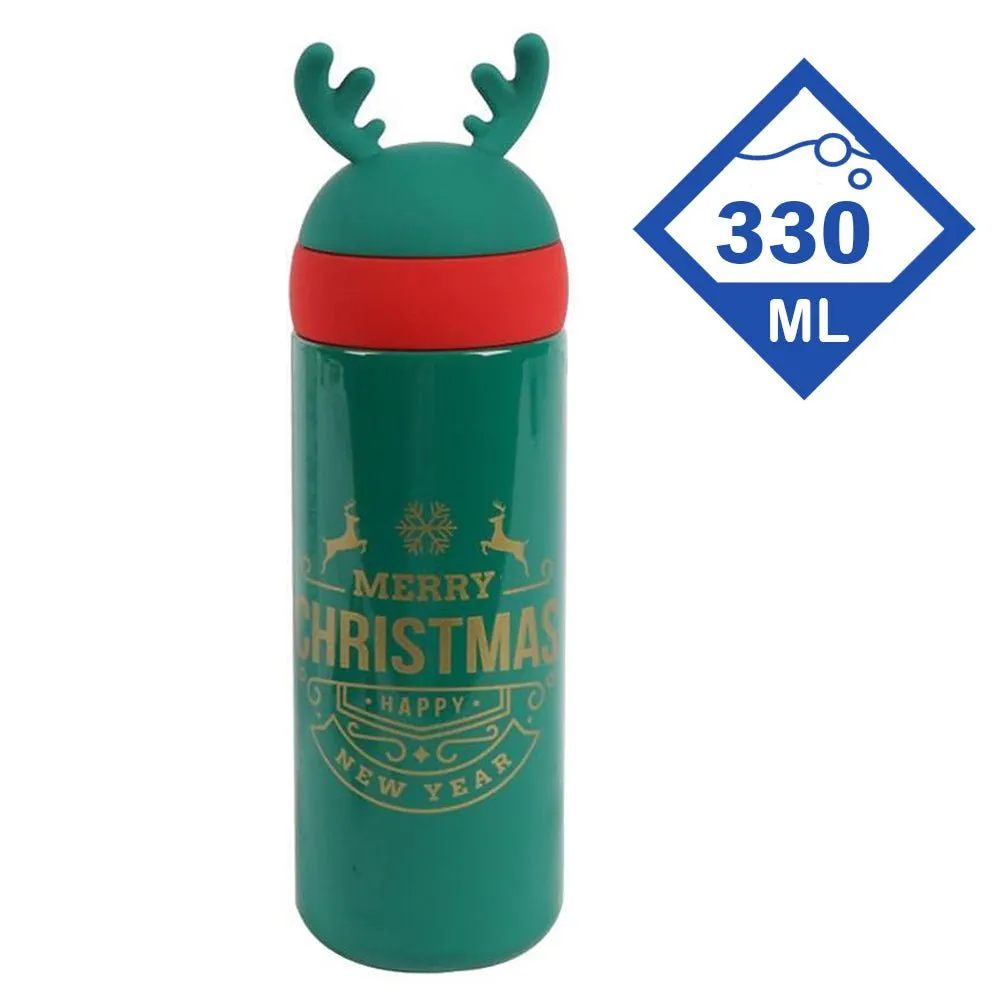 Green Reindeer Antler Stainless Steel sleek Christmas Water Bottle for Kids, 330 ml