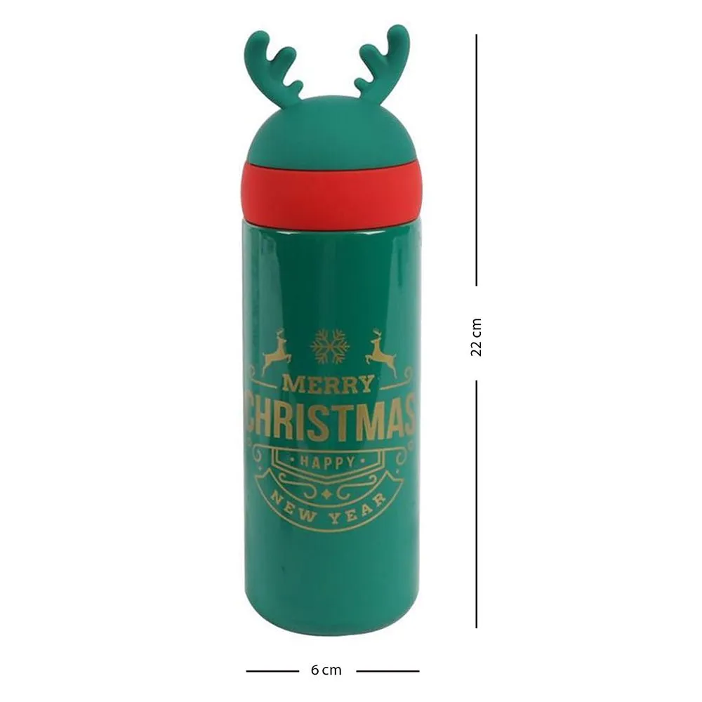 Green Reindeer Antler Stainless Steel sleek Christmas Water Bottle for Kids, 330 ml