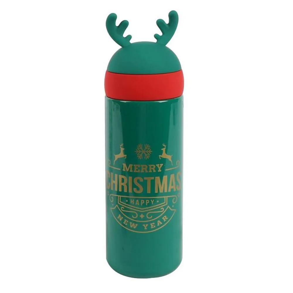 Green Reindeer Antler Stainless Steel sleek Christmas Water Bottle for Kids, 330 ml