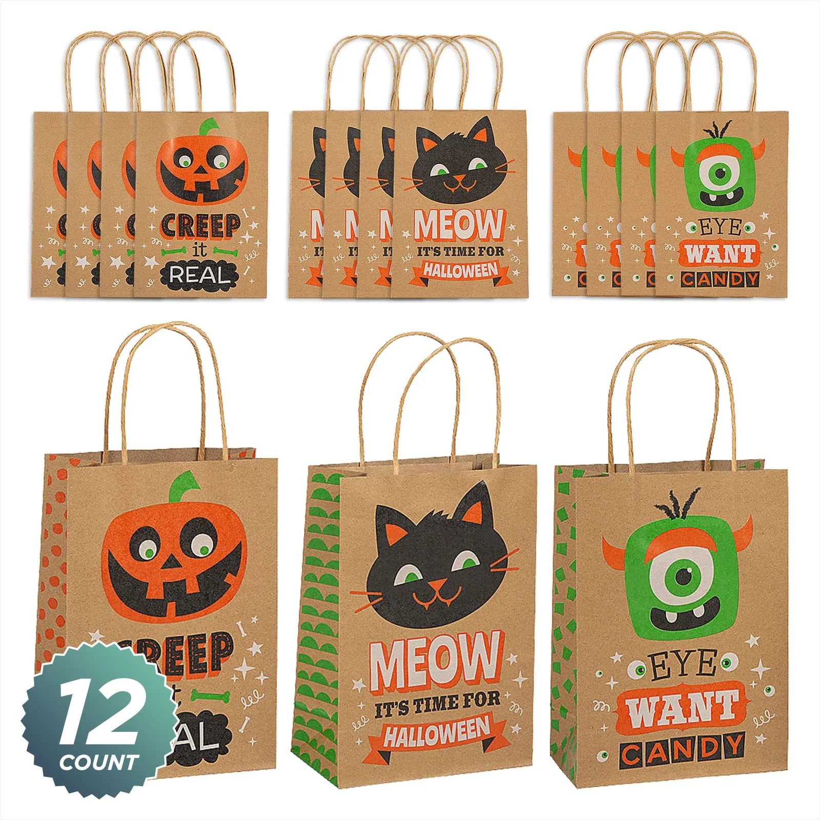 Halloween Paper Bags For Party Favors and Trick-Or-Treating, Medium Size 6 1/2" x 3 1/4" x 9" (12 Pack)