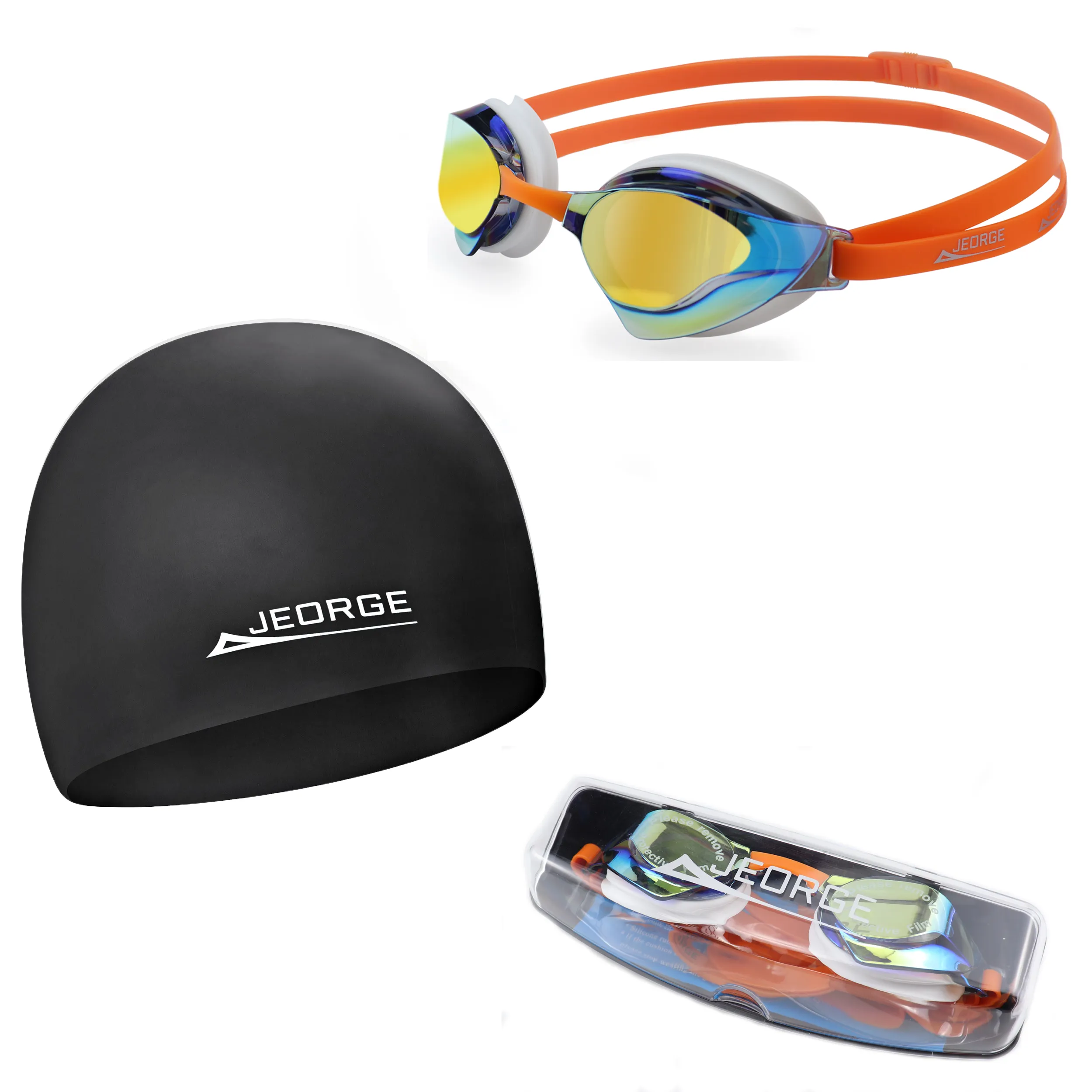 JEORGE wide vision mirror coating lens anti-fog UV protect goggles   Swim Cap   Swim Bag ComboCombo