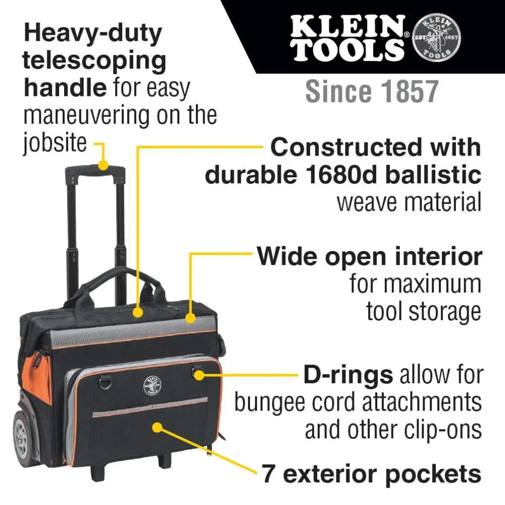 Klein Tools 55452RTB Tool Bag, Water Resistant Tool Storage Organizer Rolls on Rugged 6-Inch Wheels, 24 Pockets, Load Tested to 200-Pound