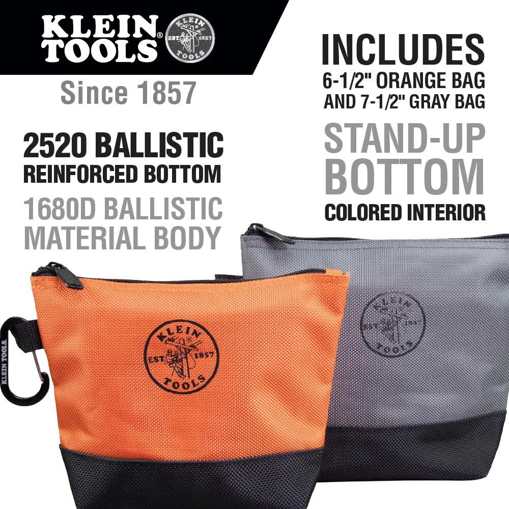 Klein Tools 55470 Utility Bag, Stand-Up Zipper Tool Bags, Tough 1680d Ballistic Weave, Reinforced Bottoms, Orange/Black, Gray/Black, 2-Pack