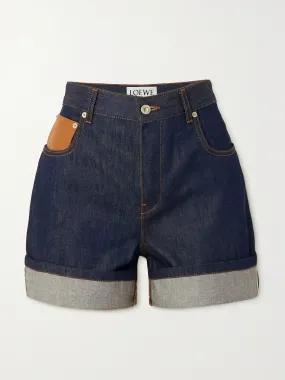 Leather-trimmed denim shorts