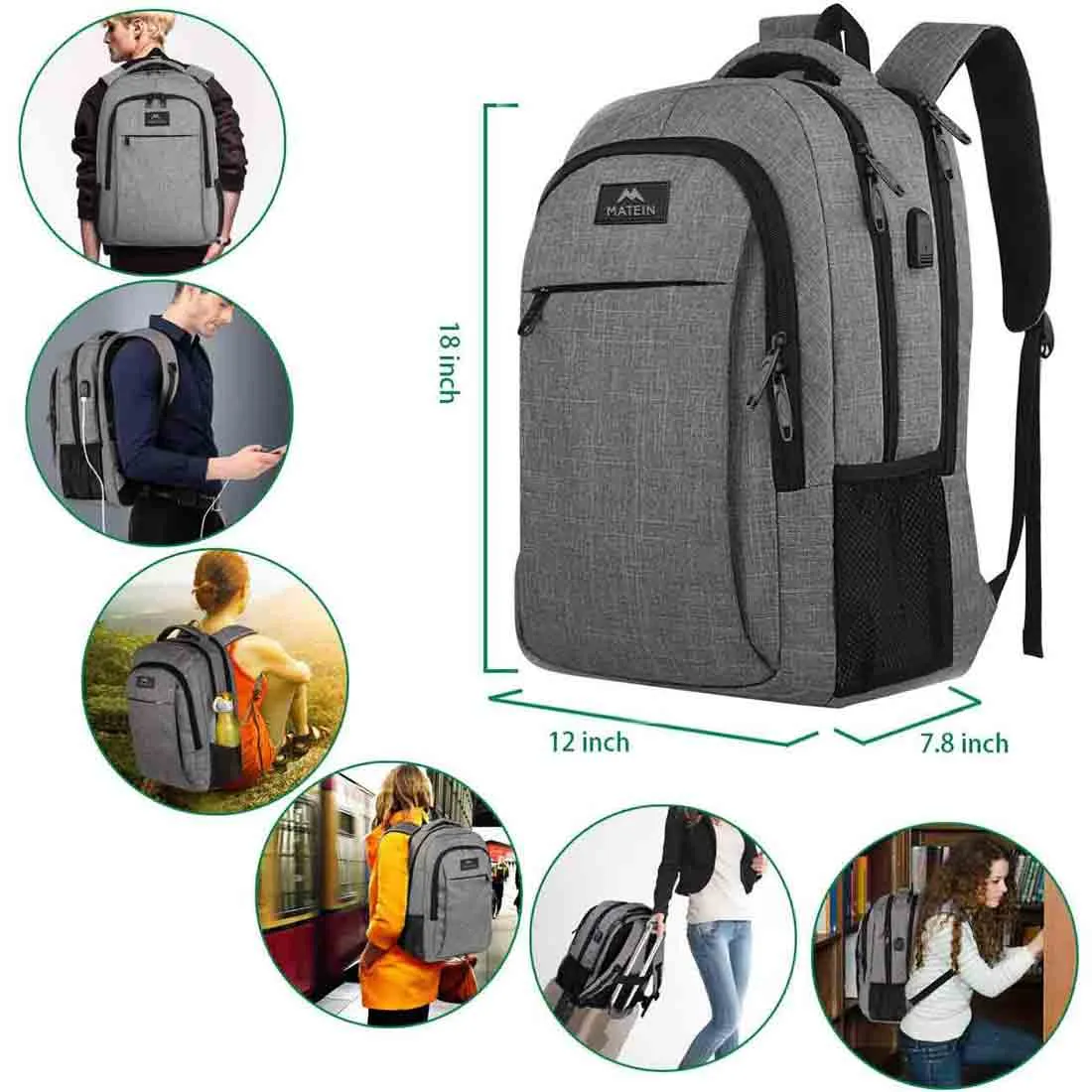 Matein Mlassic Travel Gray Laptop Backpack