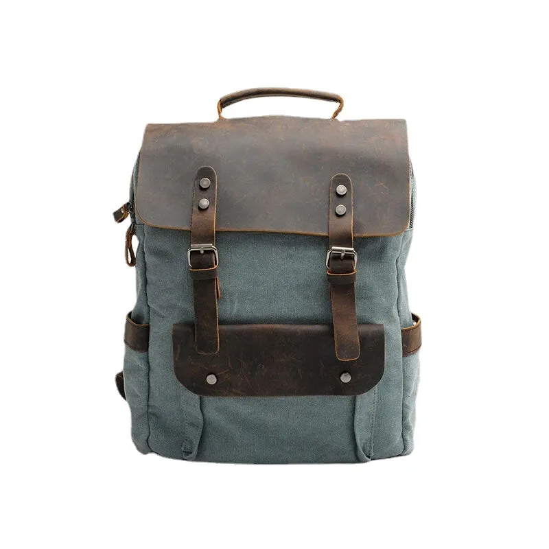 Men Retro Vintage Multifunction Canvas Leather Anti-theft Backpack