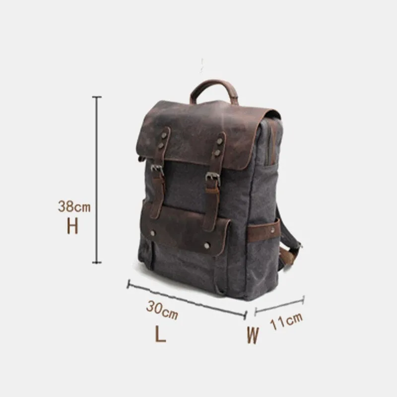 Men Retro Vintage Multifunction Canvas Leather Anti-theft Backpack