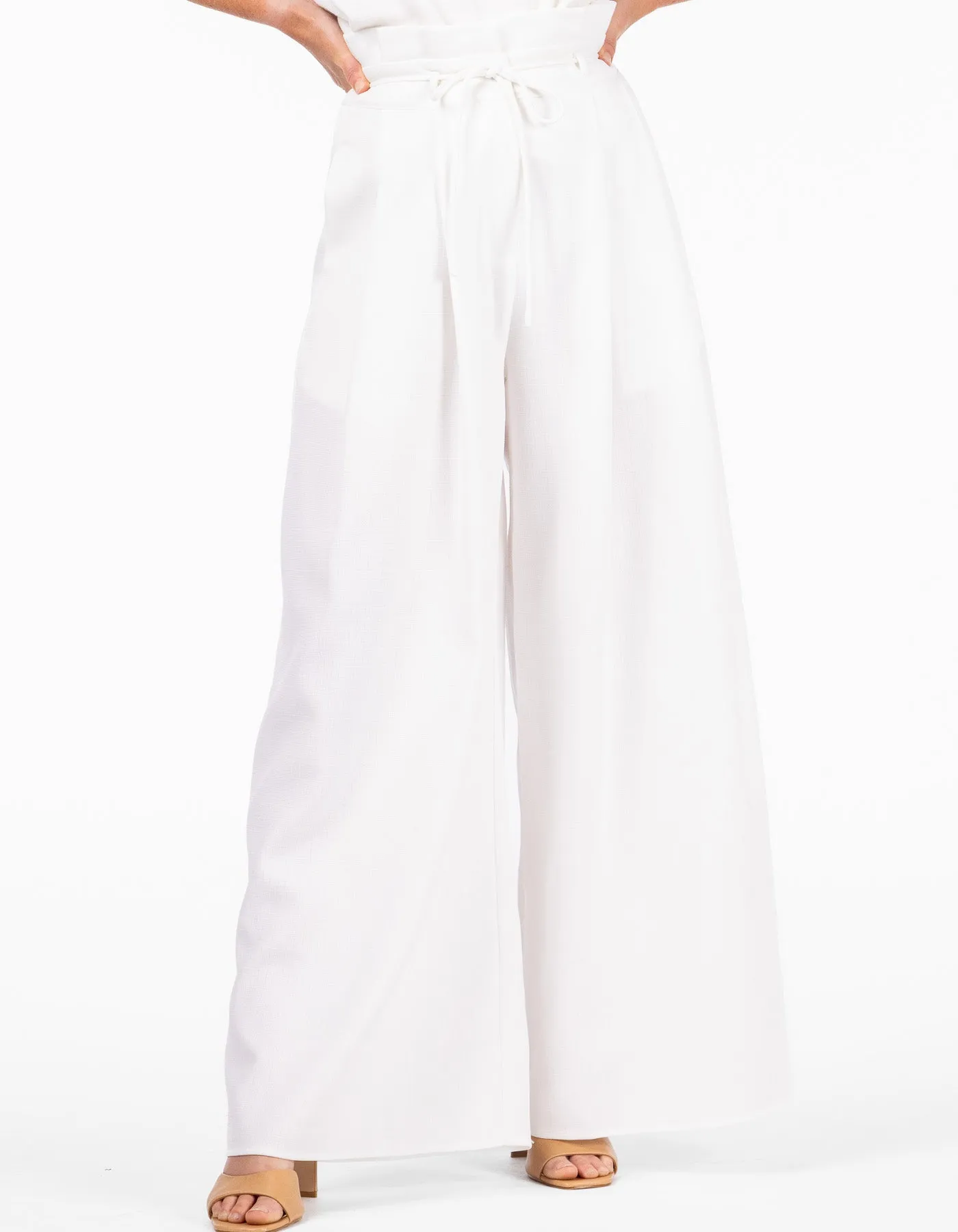 Miami Wide Leg Paper Bag Pants in White Linen