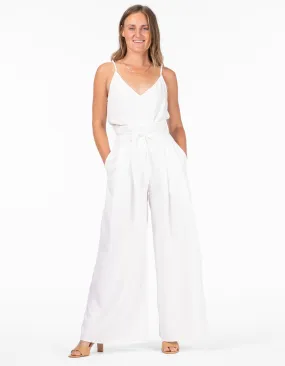 Miami Wide Leg Paper Bag Pants in White Linen