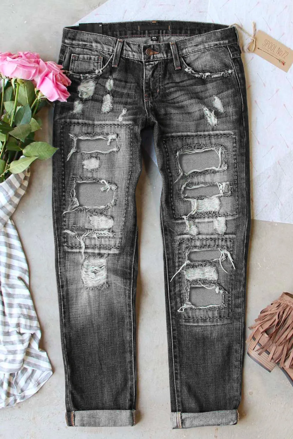 Mid-Rise Distressed Black Denim Jeans