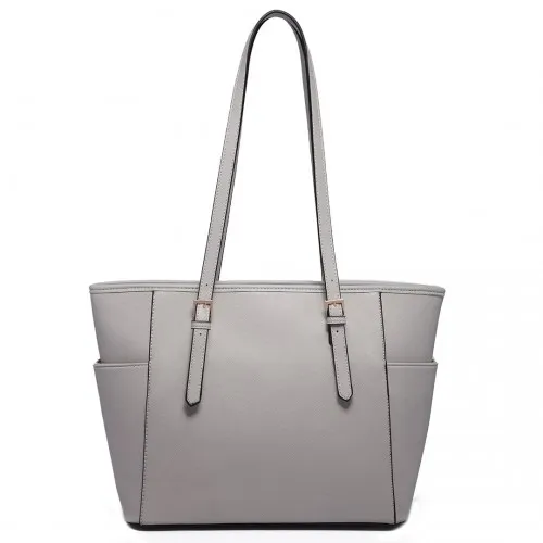 Miss Lulu Light Grey Faux Leather Tote Bag with Adjustable Handle