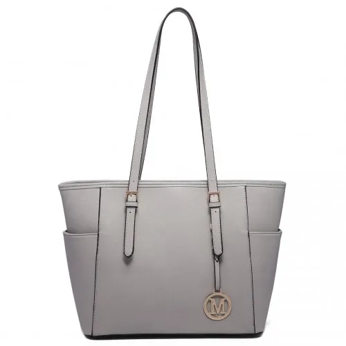 Miss Lulu Light Grey Faux Leather Tote Bag with Adjustable Handle