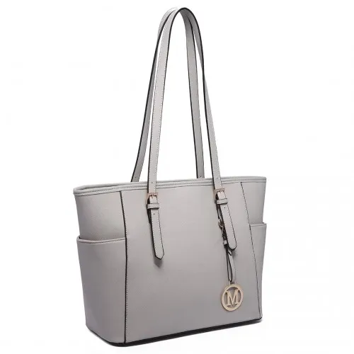 Miss Lulu Light Grey Faux Leather Tote Bag with Adjustable Handle